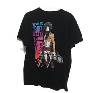 Attack on Titan Mikasa Ackerman The World is Cruel Anime T-Shirt Black Size L